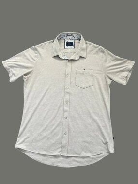 7 Diamonds Men's Beige Short Sleeve Button-Down Shirt 4-Way Jacquard Stretch - L